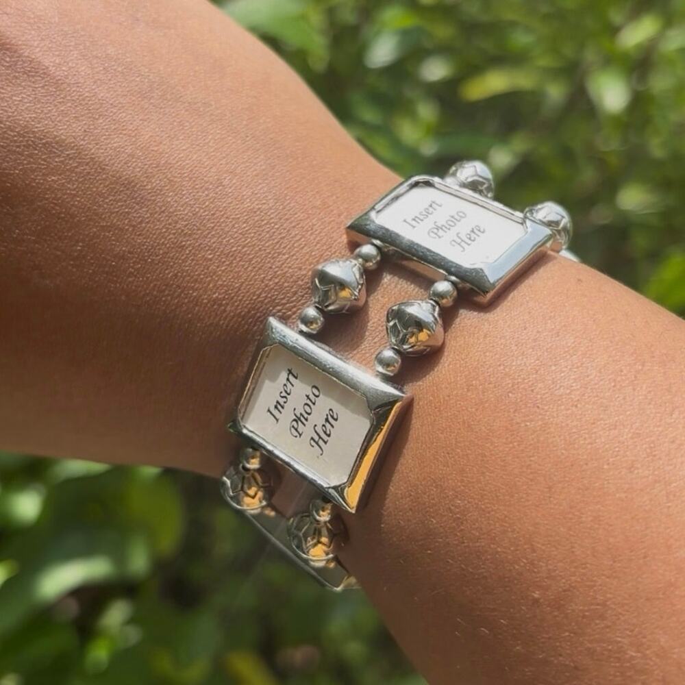 Vintage Costume Silver Photo Frame Link Stretch Bracelet